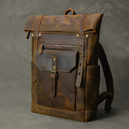 Genuine Leather Men's Backpack 15-17 Inch Laptop Bag Men Large Capacity Travel Backpacks School Bags Retro Male Shoulder Bags