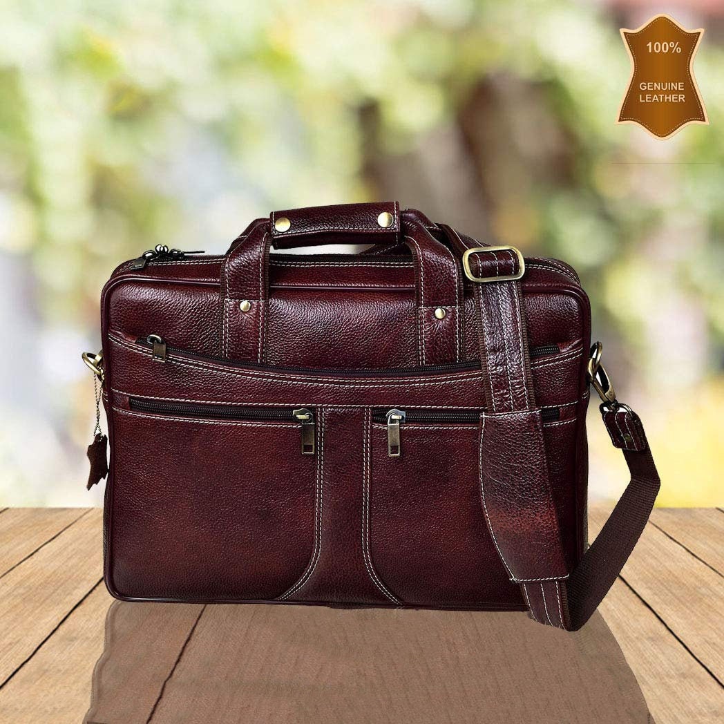 Genuine Leather 15.6 inch Laptop Messenger Bag for Men Top Grain