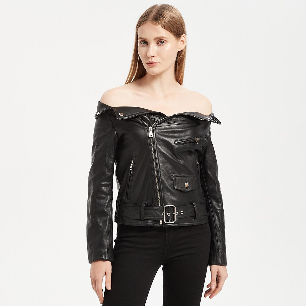 off shoulder leather jacket for women