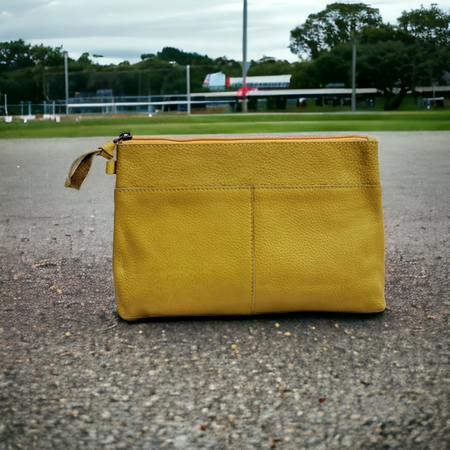 Yellow Leather Cosmetic Bag Leather Zipper Pouch Leather Make Up Bag Leather Toiletry Bag