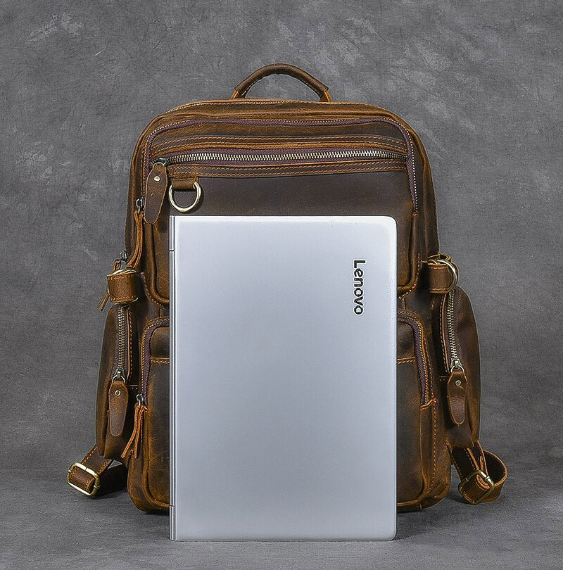 Retro Look Leather Men's Backpack Laptop Bag Multi Pocket School bag Men Solo Travel Backpacks Biking Backpack for Men's Gift for Him