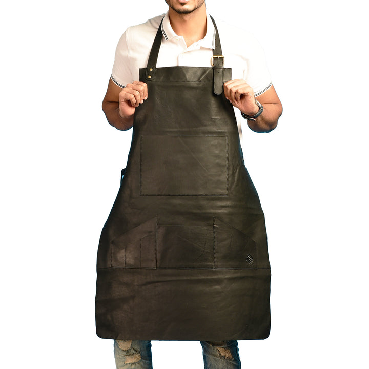 Black Leather Long Multi Pocket Leather Apron Black Full Grain Leather Butchers Apron Bib Barista Baker Bartender BBQ Chef Barber Uniform