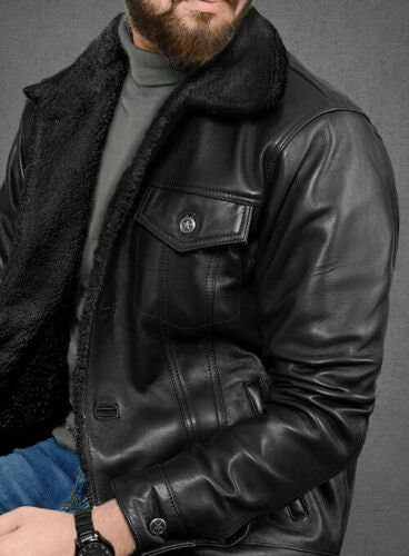 Buy Black Leather Jacket With Fur Collar Mens