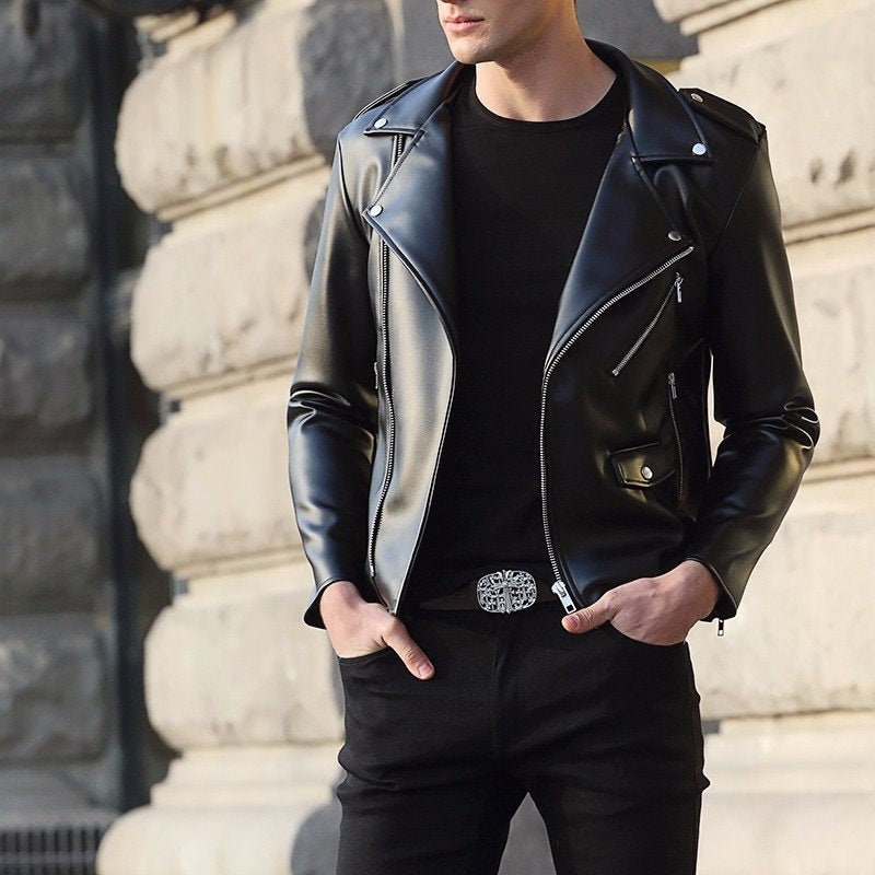 Buy Mens Navy Blue Stylish Leather Jacket Online with Free Shipping