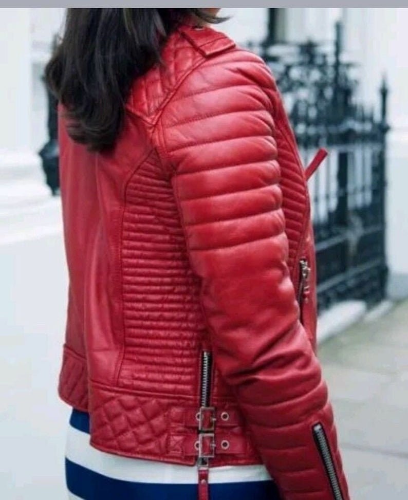 Red Leather Jacket for Women, Slim Fit Winter Jacket for