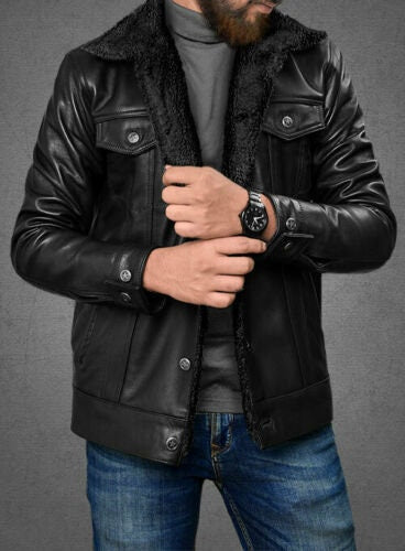 LINDSEY STREET Customized Men's Black Sherpa Leather Jacket Stylish Leather Bikers Jacket Men