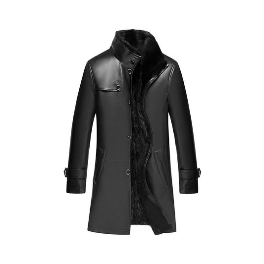 Leather Long Jacket for Mens Lambkin Leather Jacket with Woolen Lining Fur Collar Leather Jacket Mens Leather Overcoat Leather Trench Coat