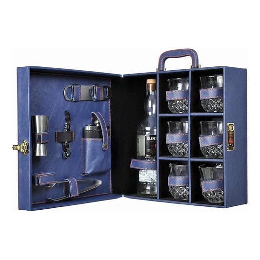 Blue Vegan Leather Large Premium Portable Bar Set With 6 Glasses Leatherette Bar Set for Travel Gifts for Men Bar Set For Car Picnic Bar