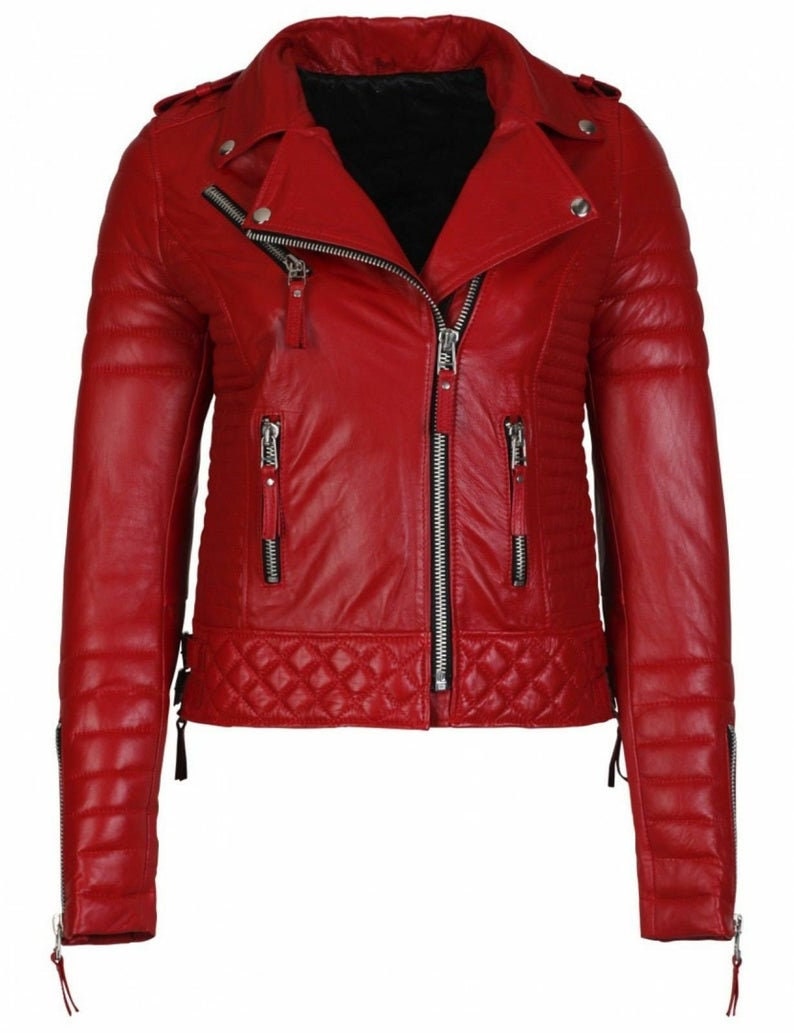 Red Leather Jacket for Women, Slim Fit Winter Jacket for