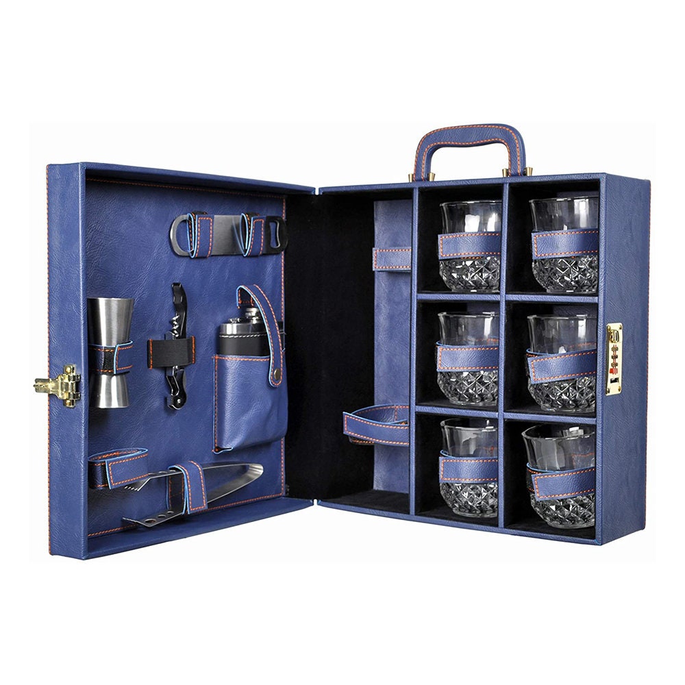 Blue Vegan Leather Large Premium Portable Bar Set With 6 Glasses Leatherette Bar Set for Travel Gifts for Men Bar Set For Car Picnic Bar