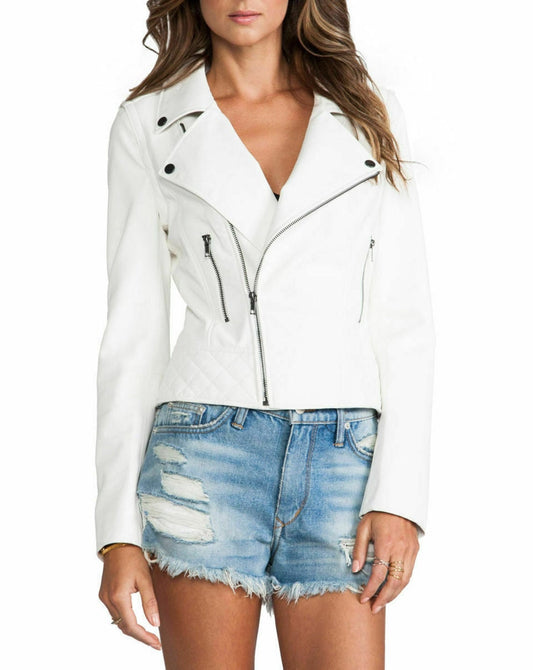 White Leather Jacket For Women's Biker Jacket Leather Cropped Jacket Slim Fit Leather Jacket