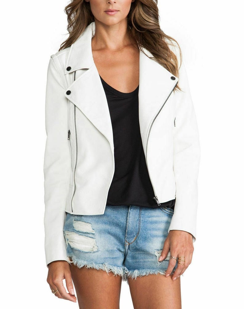 White Leather Jacket For Women's Biker Jacket Leather Cropped Jacket Slim Fit Leather Jacket