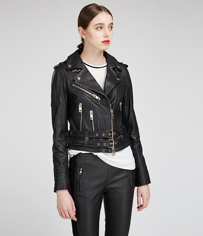 New Look Tall belted faux leather biker jacket in black | ASOS