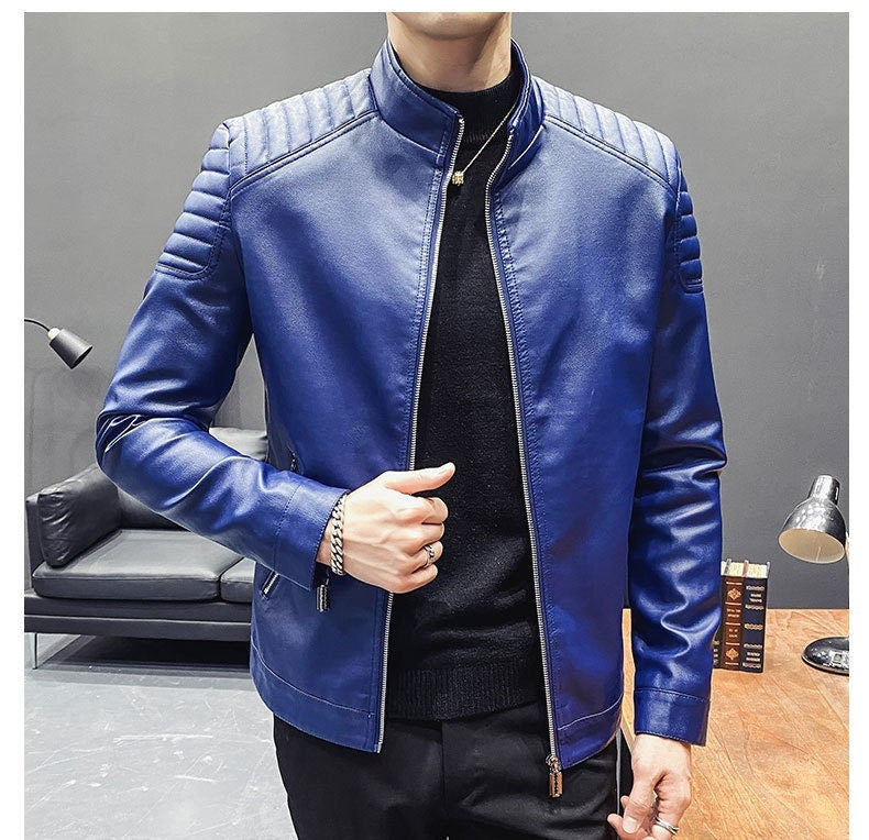 Faux Leather Cropped Moto Jacket - Royal Blue
