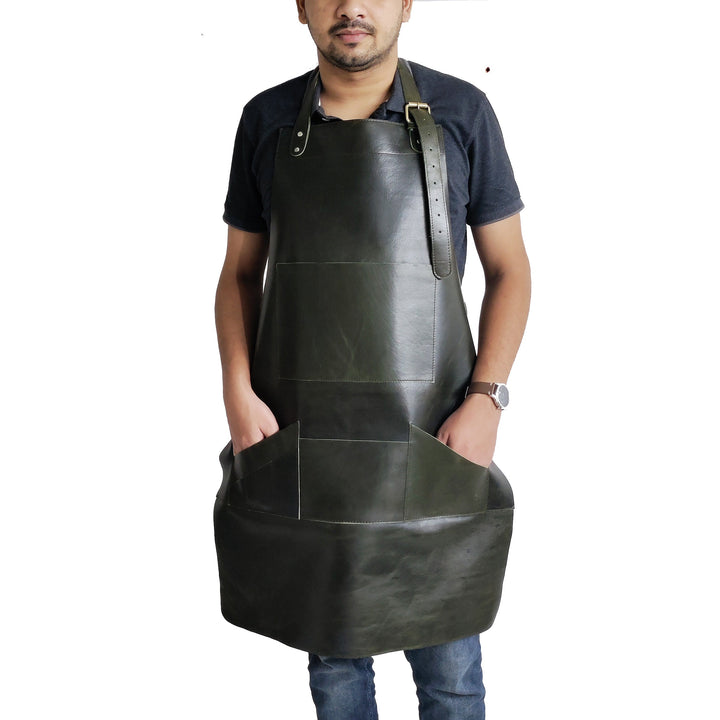 LINDSEY STREET Vintage Green Leather Apron with Pockets Leather Butchers Apron Bib Barista Baker Bartender BBQ Chef Barber Uniform