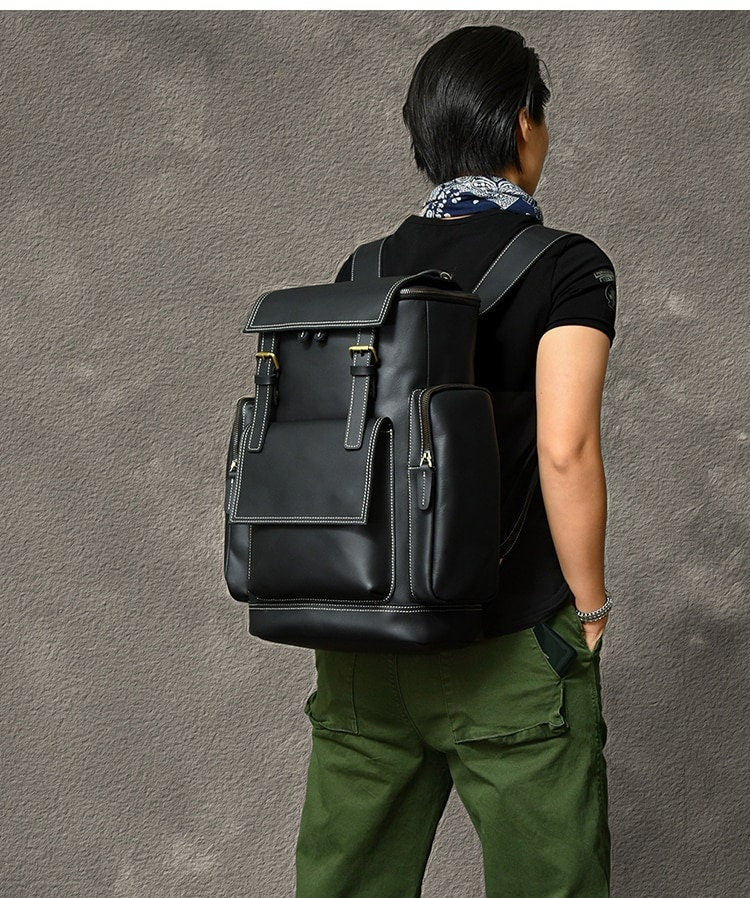 Genuine Leather Backpack for Mens Black Laptop Bag Multi Pocket Schoolbag Men Solo Travel Backpacks Biking Backpack for Men's Gift for Him