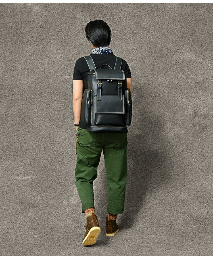 Genuine Leather Backpack for Mens Black Laptop Bag Multi Pocket Schoolbag Men Solo Travel Backpacks Biking Backpack for Men's Gift for Him