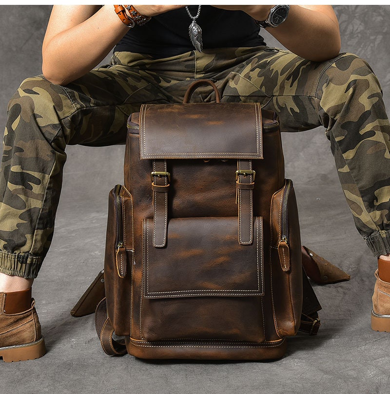 Genuine Leather Backpack for Mens Laptop Bag Multi Pocket Schoolbag Men Solo Travel Backpacks Biking Backpack for Men's Gift for Him