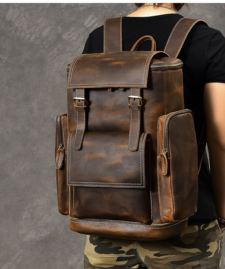Genuine Leather Backpack for Mens Laptop Bag Multi Pocket Schoolbag Men Solo Travel Backpacks Biking Backpack for Men's Gift for Him
