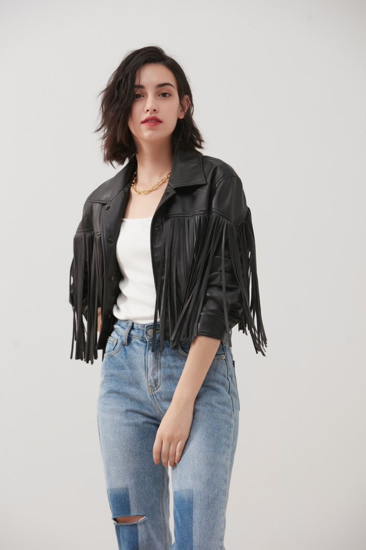 Women's Fringe Leather Jacket, Black Lambskin Leather Jacket, Ladies Leather jacket, Fringe Jacket, Western Jacket Gift for Her Easter Gift