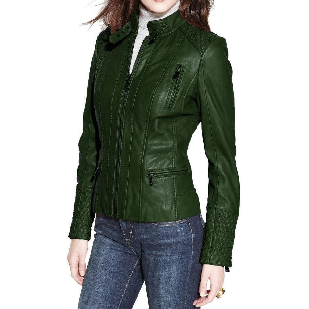 LINDSEY STREET Women's Lambskin Leather Ladies Jacket Biker Motorcycle Slim Fit Green Leather Jacket for Girls Gift for Her Birthday Gift