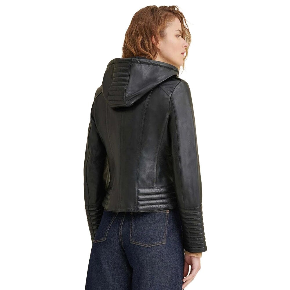 Genuine Leather Jacket with Hood for Women's