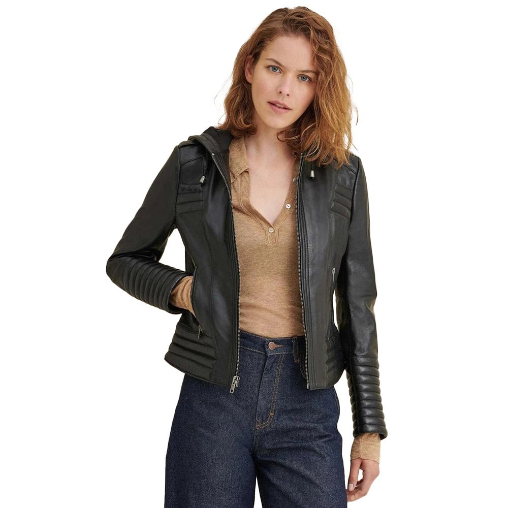 Genuine Leather Jacket with Hood for Women's